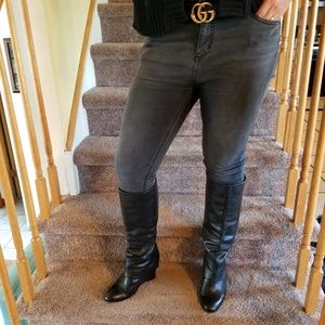 Black leather wedge boots